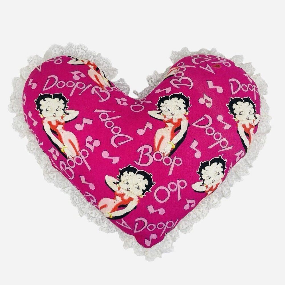 Vintage 1980s Betty Boop 15" Heart Pillow Pink Lace Handmade Doop Music Notes